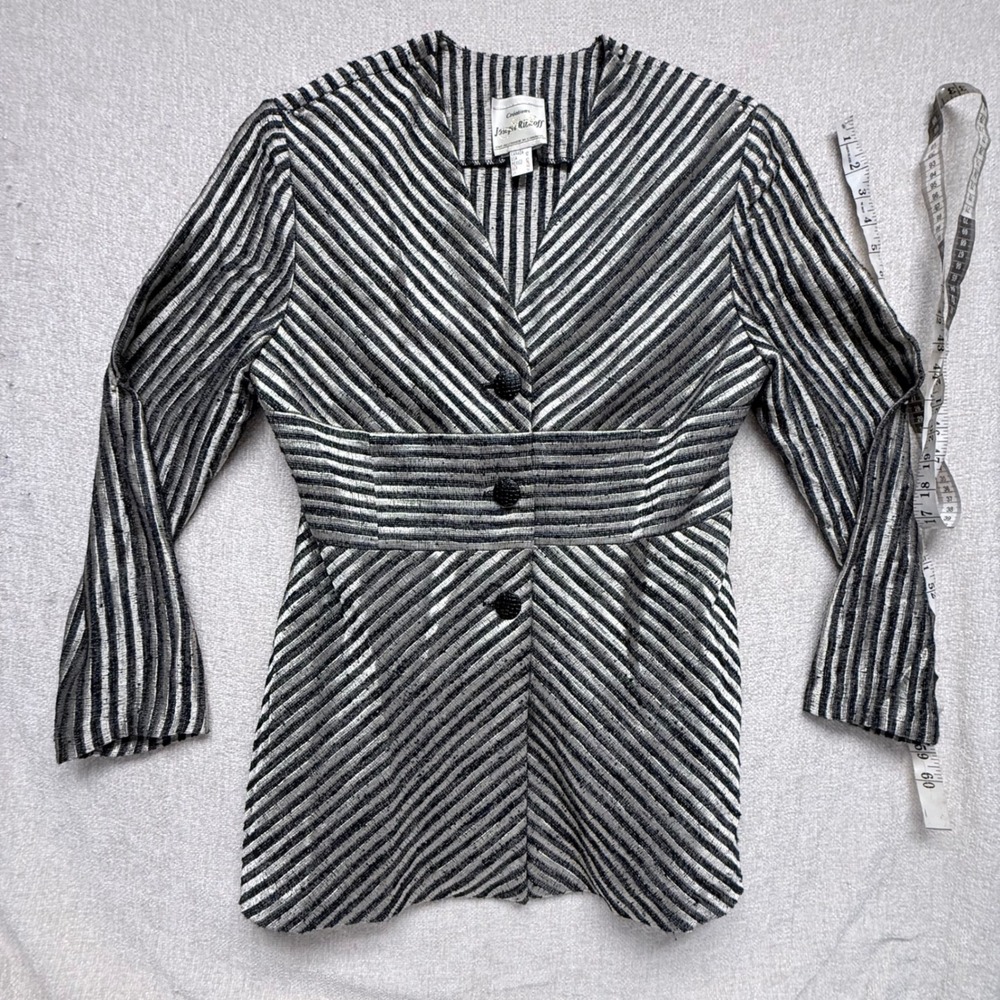 Joseph Ribkoff Metallic Striped Blazer Silver Black Button Front Jacket Size 12